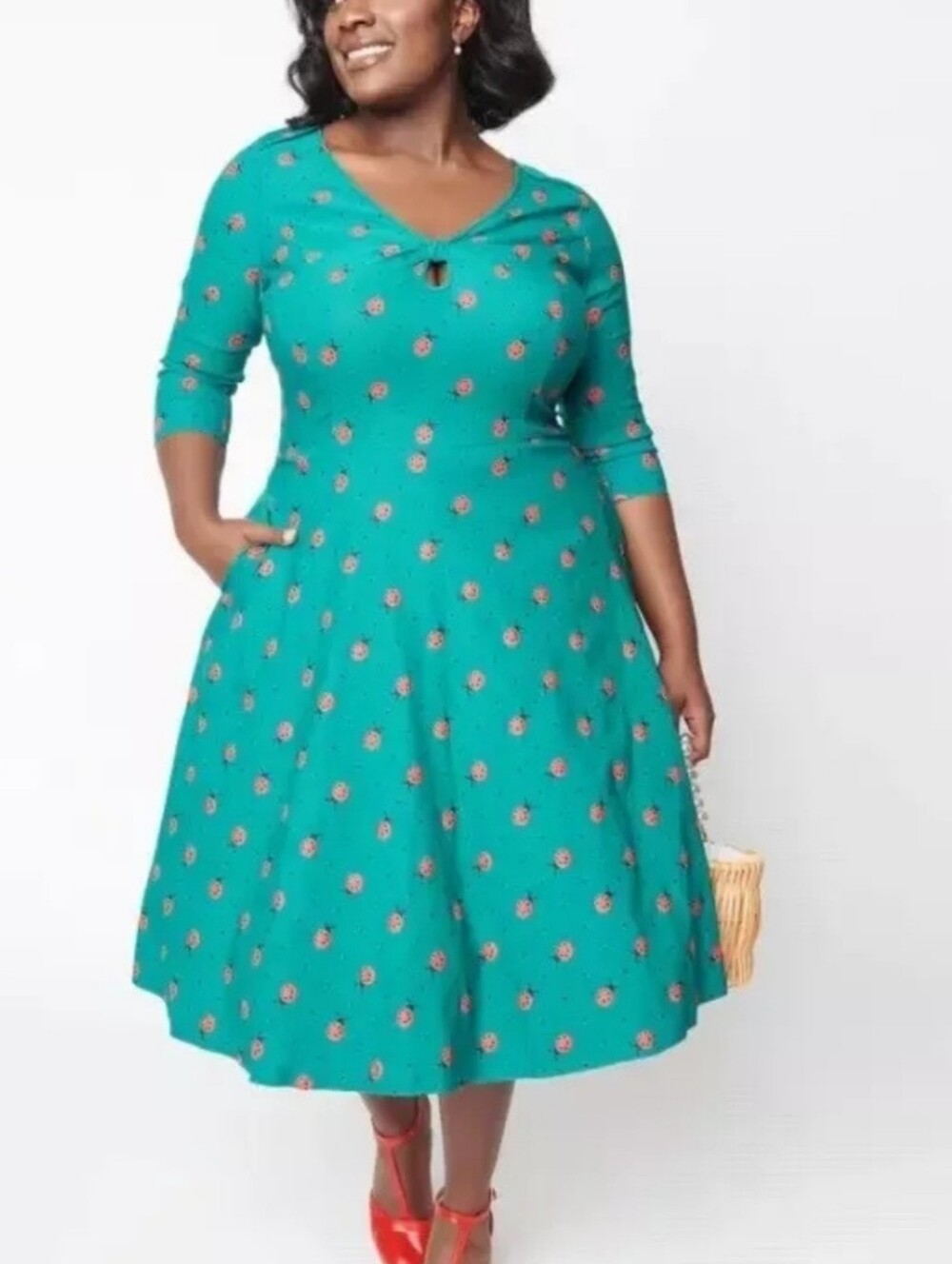 Unique Vintage Green Red Ladybug 3/4 Sleeve Below The Knee Dress Large 10/12